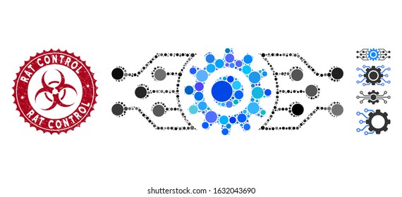 Mosaic digital cog icon and corroded stamp seal with Rat Control phrase and biohazard symbol. Mosaic vector is designed with digital cog icon and with scattered spheric items.
