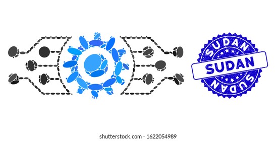 Mosaic digital cog icon and distressed stamp seal with Sudan phrase. Mosaic vector is composed with digital cog icon and with random ellipse spots. Sudan seal uses blue color, and rubber texture.