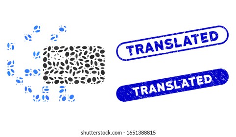 Mosaic digital credit card and grunge stamp seals with Translated phrase. Mosaic vector digital credit card is created with scattered ellipse elements. Translated stamp seals use blue color,