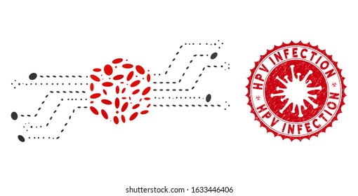 Mosaic digital dice circuit icon and red rounded grunge stamp seal with Hpv Infection caption and coronavirus symbol.