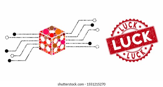 Mosaic digital dice circuit and rubber stamp watermark with Luck caption. Mosaic vector is designed with digital dice circuit icon and with randomized round spots. Luck stamp uses red color,