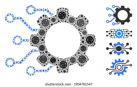 Mosaic digital gearwheel composed of flu virus icons in variable sizes and color hues. Vector viral elements are united into abstract mosaic digital gearwheel icon. Some bonus icons are added.