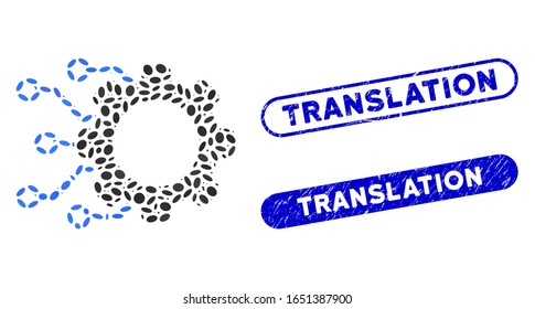 Mosaic digital gearwheel and corroded stamp seals with Translation caption. Mosaic vector digital gearwheel is composed with random ellipse dots. Translation seals use blue color,