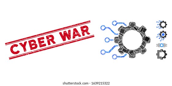 Mosaic digital gearwheel pictogram and red Cyber War seal stamp between double parallel lines. Flat vector digital gearwheel mosaic pictogram of random rotated rectangular elements.