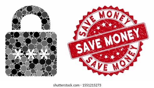 Mosaic digital lock and grunge stamp seal with Save Money text. Mosaic vector is composed with digital lock icon and with random circle elements. Save Money stamp seal uses red color,