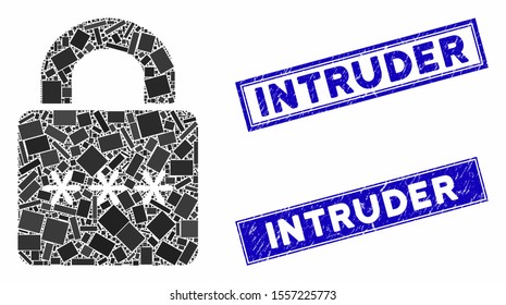 Mosaic digital lock icon and rectangular seal stamps. Flat vector digital lock mosaic icon of randomized rotated rectangular elements. Blue caption stamps with dirty texture.