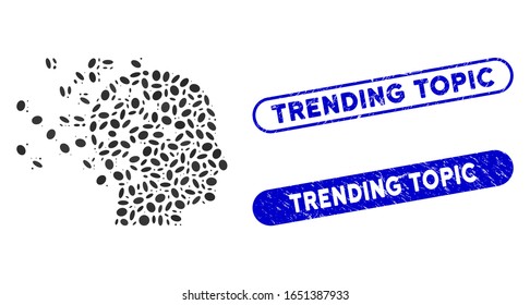 Mosaic digital mind and distressed stamp seals with Trending Topic caption. Mosaic vector digital mind is created with randomized oval dots. Trending Topic stamp seals use blue color,