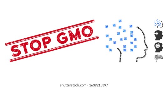Mosaic digital phinking icon and red Stop GMO rubber print between double parallel lines. Flat vector digital phinking mosaic icon of scattered rotated rectangle elements.
