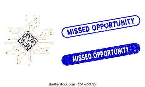 Mosaic digital roulette circuit and rubber stamp seals with Missed Opportunity text. Mosaic vector digital roulette circuit is composed with scattered elliptic spots.
