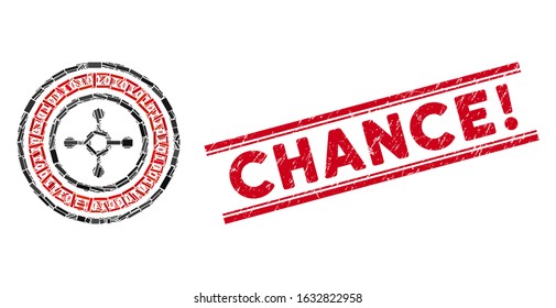 Mosaic digital roulette pictogram and red Chance! seal stamp between double parallel lines. Flat vector digital roulette mosaic pictogram of random rotated rectangular elements.