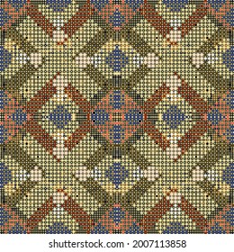 Mosaic digital squares seamless pattern. Vector ornamental textured background. Repeat colorfulgeometric backdrop. Tribal ethnic style geometrical abstract ornaments. Modern design. Tapestry texture.