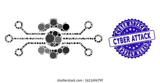 Mosaic digital tech icon and rubber stamp seal with Cyber Attack text. Mosaic vector is created with digital tech icon and with random circle spots. Cyber Attack stamp seal uses blue color,