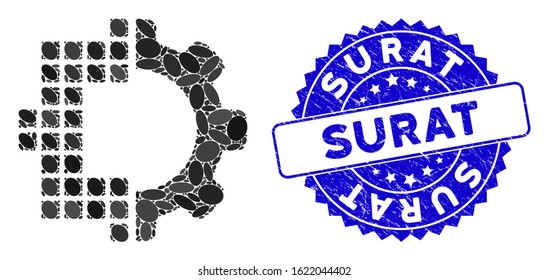 Mosaic digital technology icon and corroded stamp seal with Surat phrase. Mosaic vector is composed with digital technology pictogram and with randomized ellipse items. Surat stamp uses blue color,