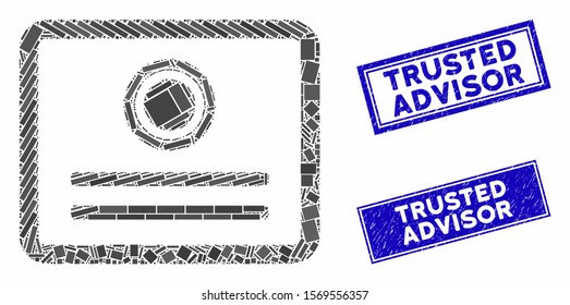 Mosaic diploma icon and rectangle seal stamps. Flat vector diploma mosaic icon of scattered rotated rectangular items. Blue caption seal stamps with dirty surface.