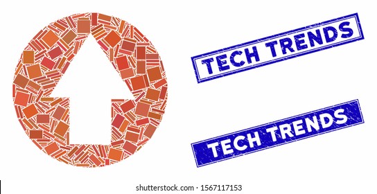 Mosaic up direction icon and rectangle seal stamps. Flat vector up direction mosaic icon of scattered rotated rectangle items. Blue caption watermarks with scratched surface.