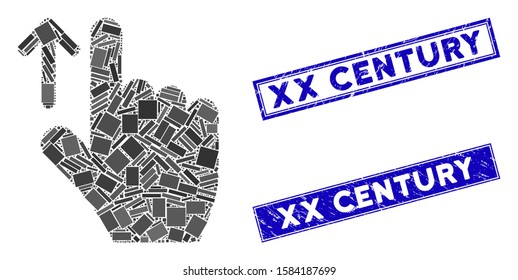 Mosaic direction icon and rectangle XX Century seal stamps. Flat vector direction mosaic icon of randomized rotated rectangle elements. Blue XX Century rubber stamps with dirty surface.