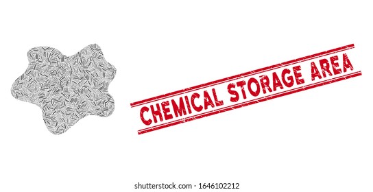 Mosaic dirt spot icon and red Chemical Storage Area stamp between double parallel lines. Flat vector dirt spot mosaic icon of randomized rotated linear items.