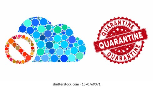 Mosaic disabled cloud and corroded stamp seal with Quarantine phrase. Mosaic vector is composed with disabled cloud icon and with random round items. Quarantine stamp seal uses red color,