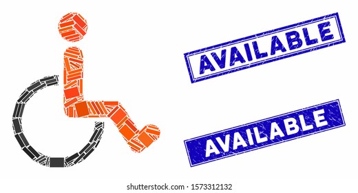 Mosaic disabled person icon and rectangle Available seals. Flat vector disabled person mosaic icon of scattered rotated rectangle items. Blue Available seals with distress texture.