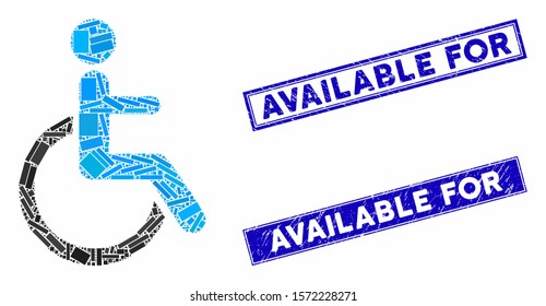 Mosaic disabled person icon and rectangular Available For rubber prints. Flat vector disabled person mosaic icon of random rotated rectangular elements.