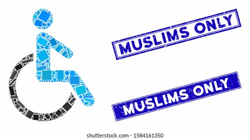 Mosaic disabled person pictogram and rectangular Muslims Only stamps. Flat vector disabled person mosaic pictogram of random rotated rectangular items.