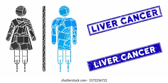 Mosaic disabled WC persons icon and rectangle Liver Cancer seals. Flat vector disabled WC persons mosaic icon of randomized rotated rectangular elements. Blue Liver Cancer seals with dirty texture.