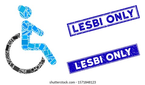 Mosaic disabled woman pictogram and rectangle Lesbi Only seal stamps. Flat vector disabled woman mosaic pictogram of random rotated rectangular items.