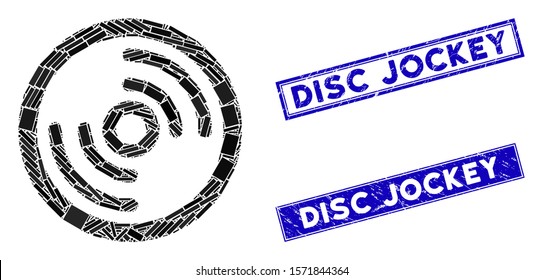 Mosaic disc icon and rectangle Disc Jockey rubber prints. Flat vector disc mosaic pictogram of scattered rotated rectangle items. Blue Disc Jockey rubber stamps with rubber texture.