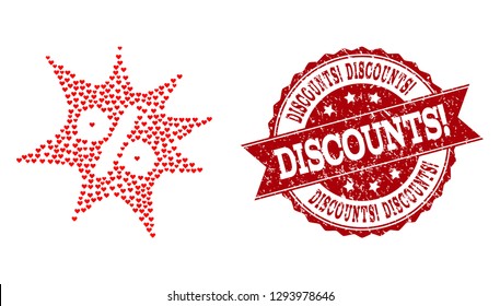 Mosaic discount boom formed with red valentine hearts, and isolated rubber seal. Composition for Valentines Day. Discount boom concept constructed with small randomized wedding heart elements.
