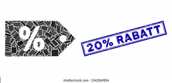 Mosaic discount coupon and distressed stamp seal with 20% Rabatt phrase. Mosaic vector discount coupon is created with scattered rectangle items. 20% Rabatt stamp seal uses blue color.