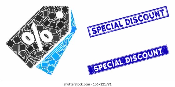 Mosaic discount coupons pictogram and rectangle seals. Flat vector discount coupons mosaic icon of randomized rotated rectangle items. Blue caption rubber stamps with rubber surface.