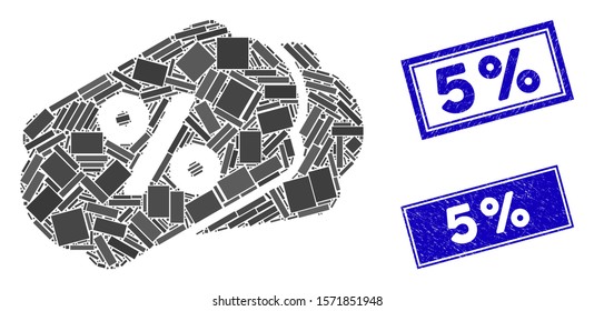 Mosaic discount labels icon and rectangle 5% seal stamps. Flat vector discount labels mosaic icon of random rotated rectangle elements. Blue 5% seal stamps with grunged textures.