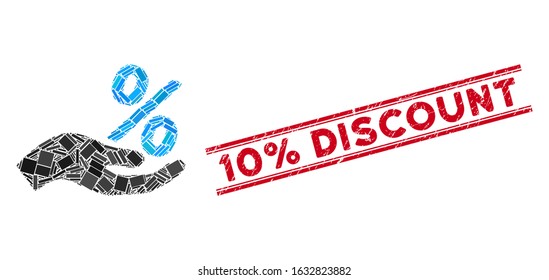 Mosaic discount offer hand icon and red 10% Discount seal between double parallel lines. Flat vector discount offer hand mosaic icon of scattered rotated rectangle elements.