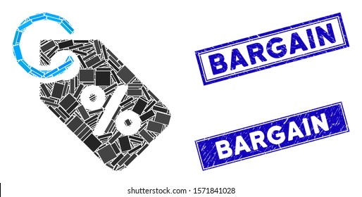 Mosaic discount tag pictogram and rectangle Bargain stamps. Flat vector discount tag mosaic pictogram of scattered rotated rectangle elements. Blue Bargain rubber seals with rubber texture.