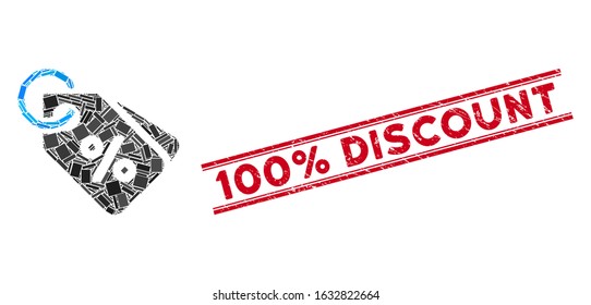 Mosaic discount tags icon and red 100% Discount rubber print between double parallel lines. Flat vector discount tags mosaic icon of scattered rotated rectangular elements.