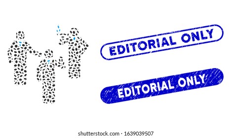 Mosaic discussion group and distressed stamp seals with Editorial Only caption. Mosaic vector discussion group is designed with random ellipse pieces. Editorial Only stamp seals use blue color,