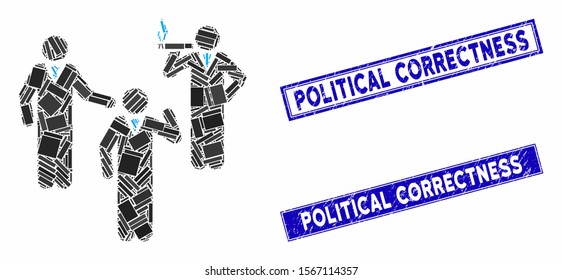 Mosaic discussion group icon and rectangular seal stamps. Flat vector discussion group mosaic icon of randomized rotated rectangular elements. Blue caption rubber stamps with distress surface.