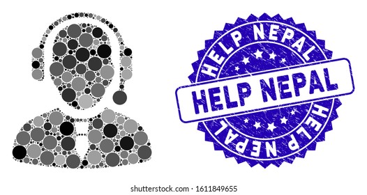 Mosaic dispatcher icon and distressed stamp seal with Help Nepal text. Mosaic vector is formed with dispatcher icon and with scattered circle spots. Help Nepal stamp seal uses blue color,