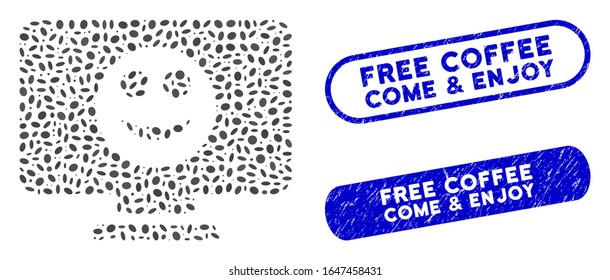 Mosaic display smile and corroded stamp seals with Free Coffee Come & Enjoy phrase. Mosaic vector display smile is formed with scattered oval parts.