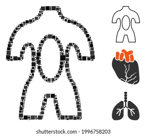 Mosaic Dissection icon constructed from square items in random sizes and color hues. Vector square items are grouped into abstract mosaic dissection icon. Bonus icons are placed.