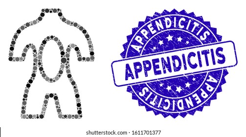 Mosaic dissection icon and rubber stamp seal with Appendicitis text. Mosaic vector is composed with dissection icon and with scattered circle items. Appendicitis stamp uses blue color,