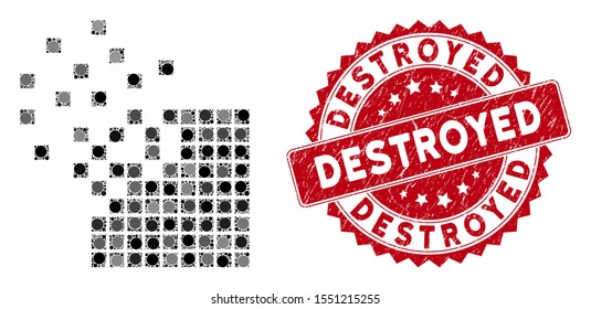 Mosaic dissolving pixel mosaic and distressed stamp seal with Destroyed phrase. Mosaic vector is formed with dissolving pixel mosaic icon and with scattered spheric elements.