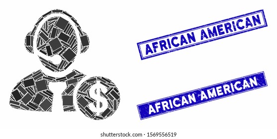 Mosaic distance marketing pictogram and rectangle seal stamps. Flat vector distance marketing mosaic pictogram of randomized rotated rectangular items. Blue caption stamps with grunge textures.