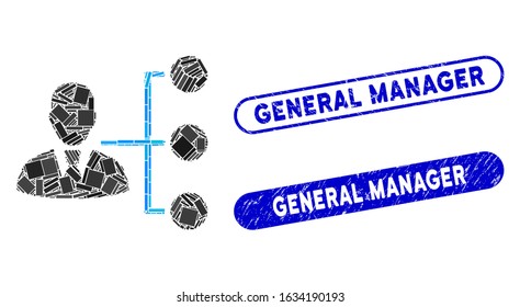 Mosaic distribution manager and distressed stamp seals with General Manager text. Mosaic vector distribution manager is created with random rectangle items. General Manager stamp seals use blue color,