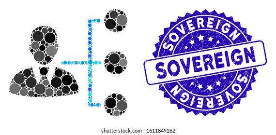 Mosaic distribution manager icon and rubber stamp seal with Sovereign caption. Mosaic vector is created with distribution manager icon and with random round spots. Sovereign stamp uses blue color,