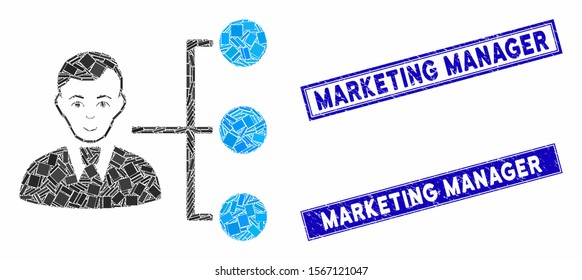 Mosaic distribution manager pictogram and rectangle watermarks. Flat vector distribution manager mosaic pictogram of random rotated rectangle items. Blue caption watermarks with grunge textures.