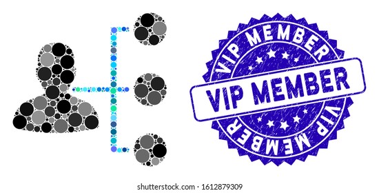 Mosaic distributor icon and distressed stamp seal with Vip Member phrase. Mosaic vector is composed with distributor icon and with random circle items. Vip Member stamp uses blue color,