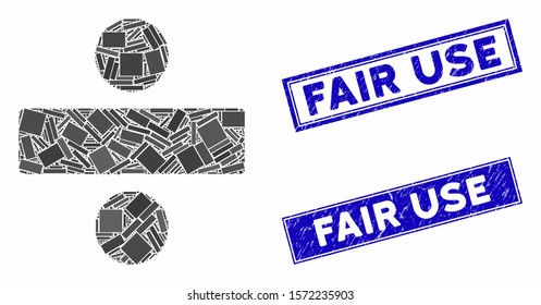 Mosaic divide math operation icon and rectangular Fair Use seal stamps. Flat vector divide math operation mosaic icon of randomized rotated rectangular elements.