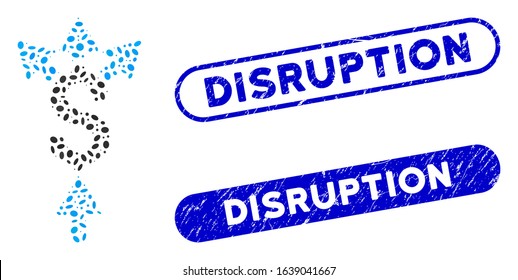 Mosaic divide payment and grunge stamp seals with Disruption text. Mosaic vector divide payment is created with randomized elliptic spots. Disruption stamp seals use blue color,