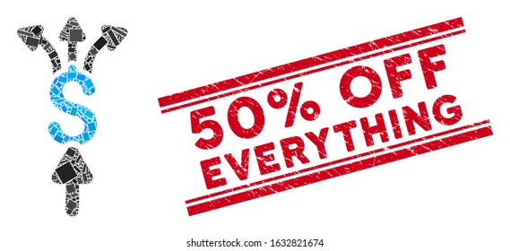 Mosaic divide payments icon and red 50% Off Everything rubber print between double parallel lines. Flat vector divide payments mosaic icon of randomized rotated rectangle elements.